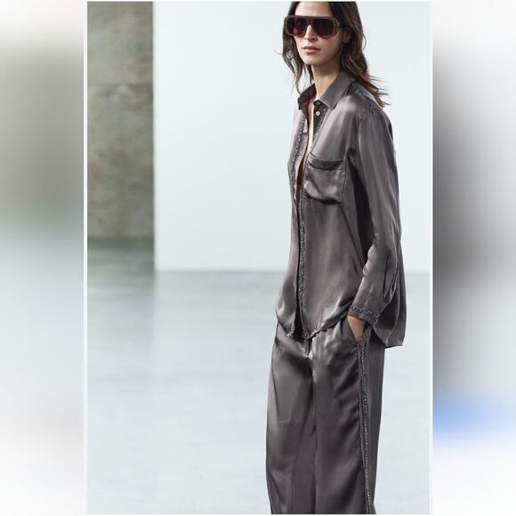 SET ZW COLLECTION EMBROIDERED SATIN TROUSERS AND BLOUSE TOP ZARA